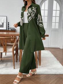 EMERY ROSE 两件套女士休闲撞色纽扣衬衫套装 - 軍綠色 - 查看 3