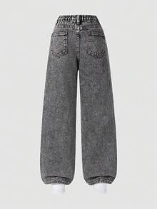 SHEIN Sparklyn Girls' Wide Leg Jeans, New Design Embroidered Bow Straight Leg Pants, Loose Fit Jeans For Girl, Girls Loose Jeans - Grey - View 2