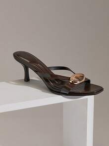 SHUZIA Women's Minimalist Comfortable Round Toe Gold Ornament Kitten Heel Faux Suede Thong Sandals - Chocolate Brown - View 6