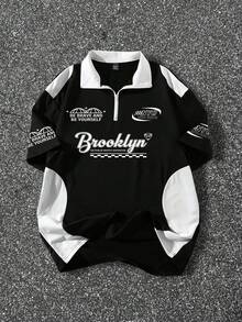 PAVTROS 男士字母印花撞色短袖休闲Polo衫 - 黑與白 - 查看 6