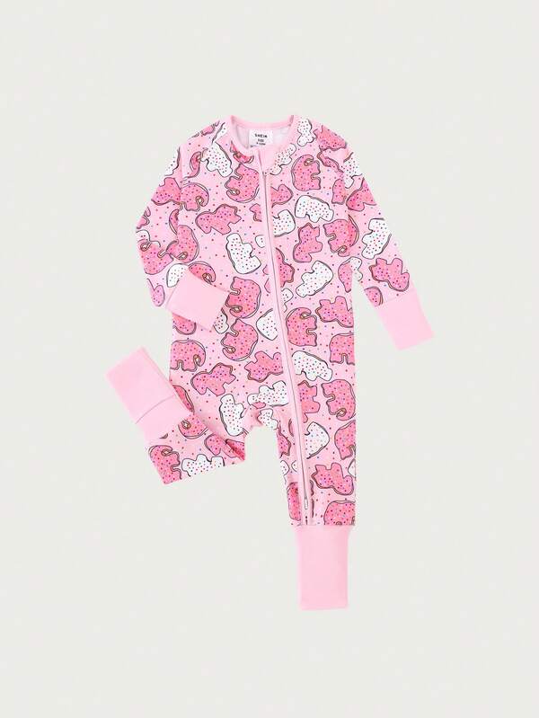 Newborn Baby Girls' Animal Cookie Digital Print Long Sleeve Double Zipper Front Footed Sleeper Romper