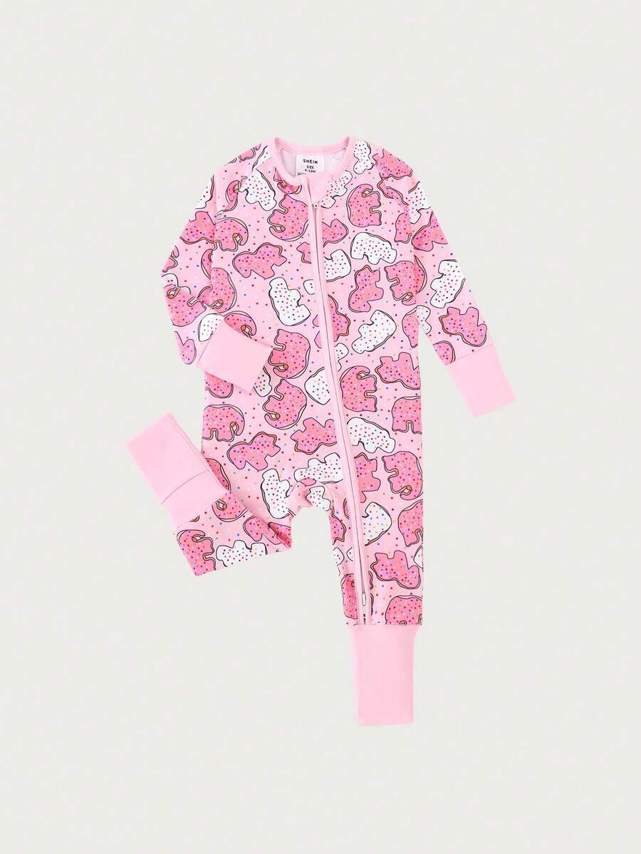 Newborn Baby Girls' Animal Cookie Digital Print Long Sleeve Double Zipper Front Footed Sleeper Romper