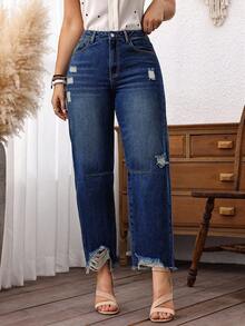 EMERY ROSE Quần jeans lửng dáng rộng, không chun, màu xanh dương kiểu cao bồi dành cho nữ, thích hợp cho trang phục đi rodeo. - Rửa tối - Xem 3