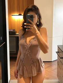 DAZY Women's Lace Patchwork Ruffle Trim Jumpsuit Romper - Camel - View 4