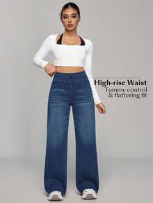 SHEIN PETITE Casual Washed High Waist Straight Leg Jeans - Medium Wash - View 3