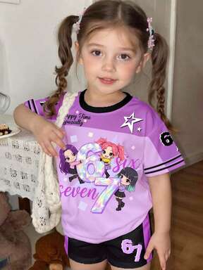 1 Set Young Girls K-POP Cartoon Girl Number 67 Print Short Sleeve Knit T-Shirt And Matching Shorts Set