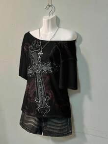 Attitoon 女士休闲简约十字印花露肩宽松短袖T恤 - 彩色 - 查看 4