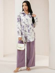 Veilorie Women's Elegant Commuter Floral Print Shirt And Solid Color Pants 2-Piece Set - Multicolor - View 5