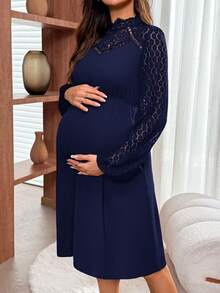 SHEIN Abito midi casual da donna in gravidanza, a tinta unita, manica lunga, con inserti in pizzo e vita segnata - Blu Navy - Visualizzare 5