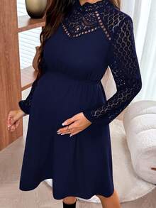 SHEIN Abito midi casual da donna in gravidanza, a tinta unita, manica lunga, con inserti in pizzo e vita segnata - Blu Navy - Visualizzare 7