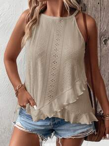 EMERY ROSE Nueva llegada Camiseta de mujer talla grande con cuello halter con volantes y versátil - Albaricoque - Ver 3