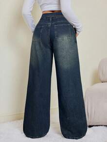 SHEIN Tall Quần jeans ống rộng cạp gập đơn giản cho nữ - Rửa tối - Xem 2
