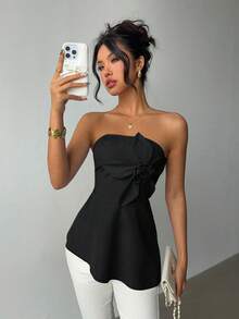 Elenzga Plus Size Women Elegant Casual Solid Color 3D Floral Asymmetrical Hem Tube Top - Black - View 6