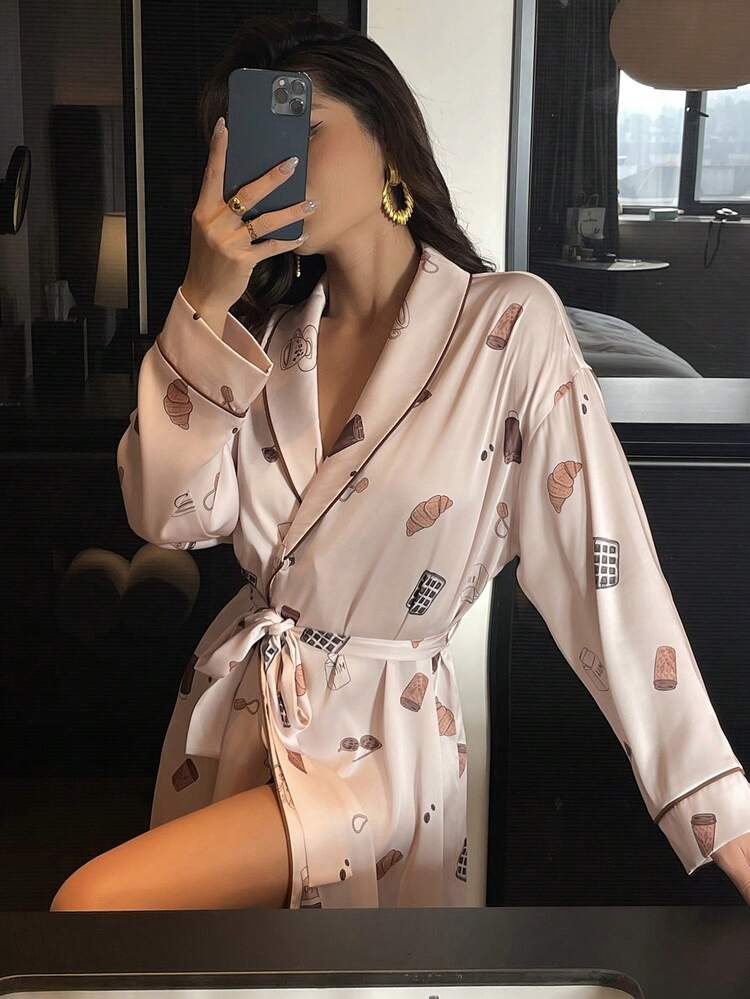 Satin Printed Loose Pink Robe, Women Sleepwear Jacket