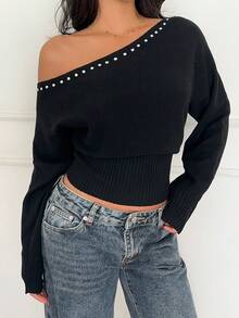 Aloruh Áo len đen ôm dáng gợi cảm đính đinh tán ở vai, vạt áo bất đối xứng dành cho nữ, thích hợp cho mùa xuân, phong cách thường ngày. - màu đen - Xem 3