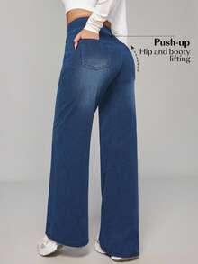 SHEIN PETITE Casual Washed High Waist Straight Leg Jeans - Medium Wash - View 2