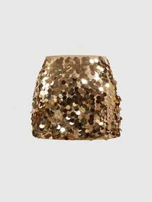ROMWE Fairycore Plus Size Fashionable Solid Color Sequin Embellished Mini Skirt, Versatile For Summer And Parties - Gold - View 2