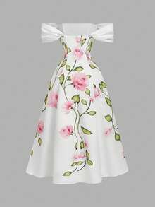 SHEIN MOD 女士优雅露肩印花连衣裙 - 白色 - 查看 4