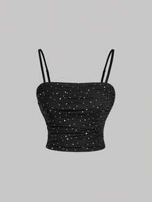 SHEIN MOD 2pcs Women's Black & White Pleated Front Fitted Elegant Cami Top, Country,Beach Vacation Wear,Tea Party,Modest,Prom Top,Cute Tops,Valentine's Day,Club,Summer,Spring Break,Sparkly Tops, Carnival Costume - Black and White - View 5