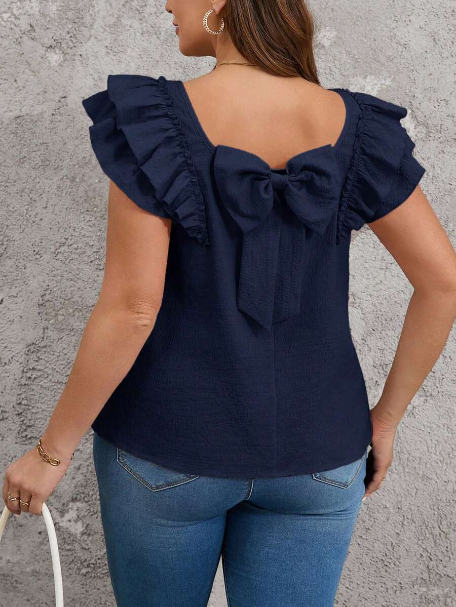 SHEIN Clasi Áo kiểu nữ cỡ lớn cổ vuông hai lớp tay ngắn có nơ - Màu xanh hải quân - Xem 1