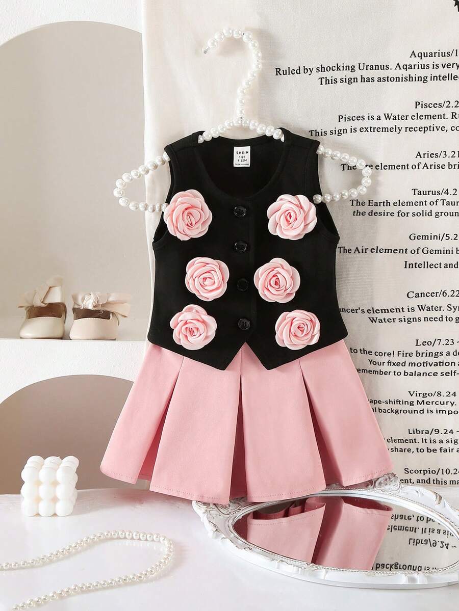 SHEIN Babygirl Elegant Cute Knitted 3D Floral Camisole & Pleated Skirt Set - Black - View 1