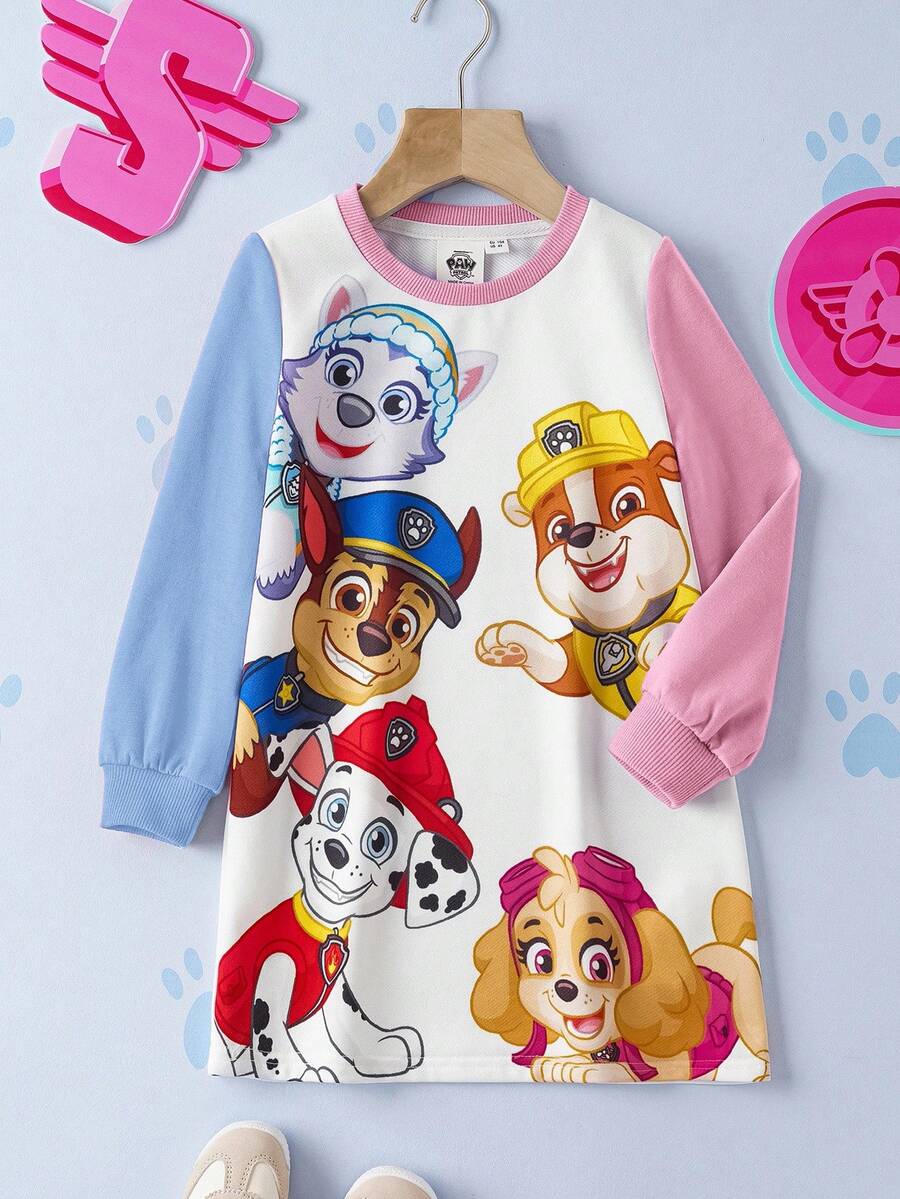 SHEIN | PAW Patrol 女童卡通小狗印花撞色圆领长袖卫衣裙，秋/春季款 - 粉色 - 查看 1