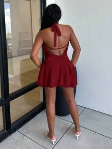 Alexandranx New Sexy Backless Solid Color Halter Deep Draped Neck Asymmetrical Ruffle Hem Mini Dress, Suitable For Going Out - Burgundy - View 2