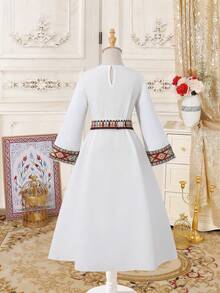 SHEIN Young Girl Geometric Print Pleated Casual Flare Sleeve Dress, Suitable For Outings And Gatherings - Apricot - View 2