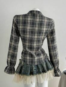 SHEIN LUNE Women's Retro Commuter Waist Cinched Minimalist Plaid Fabric Shirt - Green - View 2