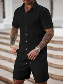 Manfinity Homme Conjunto de camisas casuales minimalistas para hombre - Negro - Ver 5