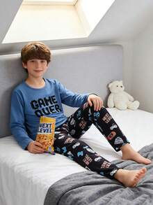 2pcs/Set Boys' Comfortable Casual Video Game Print Long Sleeve Top And Pants Pajama Set
