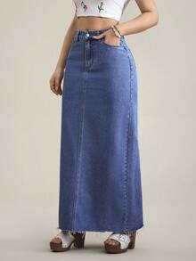 SHEIN Tall 女士带口袋直筒宽松休闲长款牛仔裙 - 藍色 - 查看 5