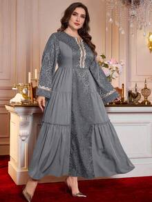 Al Najma 女士新款圆领喇叭袖提花拼接修身喇叭下摆优雅大码连衣裙 - 霧霾藍 - 查看 3