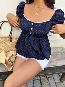 Elamini Tall Women's Navy Blue Polka Dot Square Collar Lace Trim Puff Sleeve Blouse, Comfortable Casual Wear, Suitable For Picnics And Dates