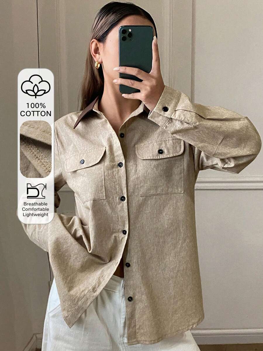 DAZY 撞色宽松长袖翻领工装夹克，休闲街头风女装，秋冬女式外套 - 棕色 - 查看 1