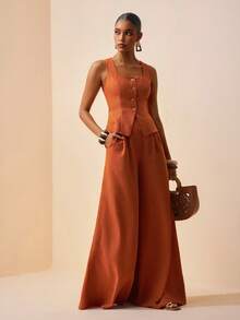 Zivah Bộ 2 món gồm áo hai dây và quần ống rộng có túi, chất liệu vải lanh, thích hợp cho kỳ nghỉ hè 2026. - màu nâu - Xem 4