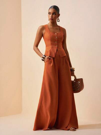 Zivah 2pcs/Set Linen Texture Vacation Button Decor Camisole & Wide Leg Pants With Pockets, Spring/Summer 2026