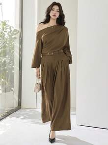 Heiryn Coffee Brown Autumn Elegent Office Women's One-Shoulder Top And Pants Suit,Elegant Wedding Guest Dress Outfits,Spring Summer Vacation Beach Clothing - Army Green - View 1
