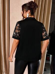 Cravure Plus Size Women Mesh Sleeve Gold Button Decor Short Sleeve Blouse - Black - View 4