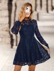 EMERY ROSE 女士优雅花卉蕾丝透视收腰迷你连衣裙，适合春、夏、秋季穿着 - 藏蓝色 - 查看 6