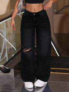 Rivivi Plus Size Women Distressed Personalized Fashion Straight Leg Jeans - Black - View 5