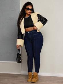 Slaydiva Plus Size Elastic Denim Jeans With Symmetrical Split Design - Dark Wash - View 7