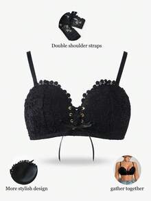 DesireSculpt 1pc Women's Wireless Lace Padded Bra, Comfortable & Supportive, Black - Black - View 4