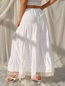 SHEIN EZwear Summer Vacation Casual White Lace Patchwork Woven Skirt Summer Skirt Beach Skirt Vacation Skirt - White - View 2