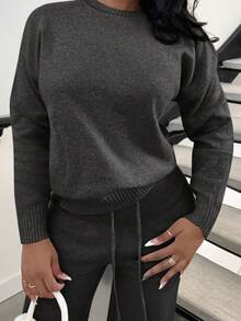 Alexandranx 2pcs Women Crew Neck Long Sleeve Sweater Top And Pants Set - Dark Grey - View 3