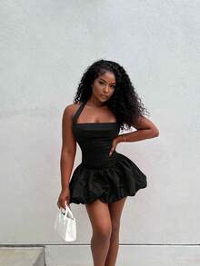 Alexandranx 女士优雅性感纯色挂脖迷你连衣裙 - 黑色 - 查看 1