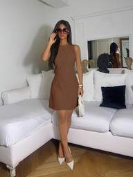 Ronhire 1 st Kvinnor Enfärgad Crew Neck Enkelknapp ärmlös Casual Mini Klänning