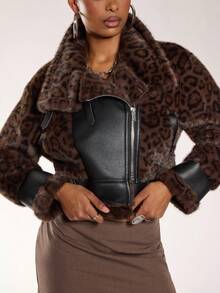 Normani Nouvelle veste courte de style blouson moto en patchwork de tissu PU épais et moelleux, doublé chaud, style léopard d'hiver - Tabac - Voir 6