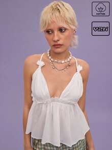 COUREZ Babydoll Cami Top Spring Summer For Women /Y2K/Casual Vintage Cotton - White - View 1