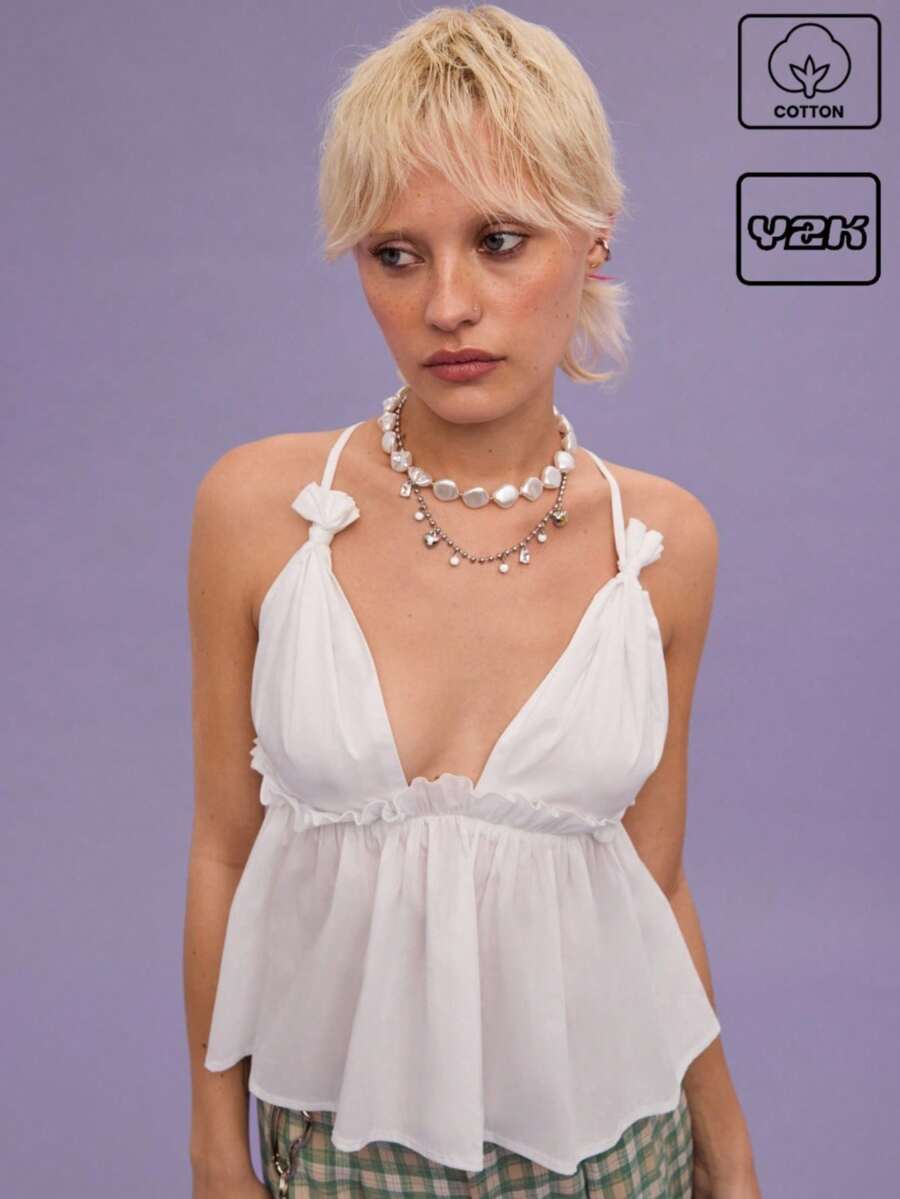 COUREZ Babydoll Cami Top Spring Summer For Women /Y2K/Casual Vintage Cotton - White - View 1